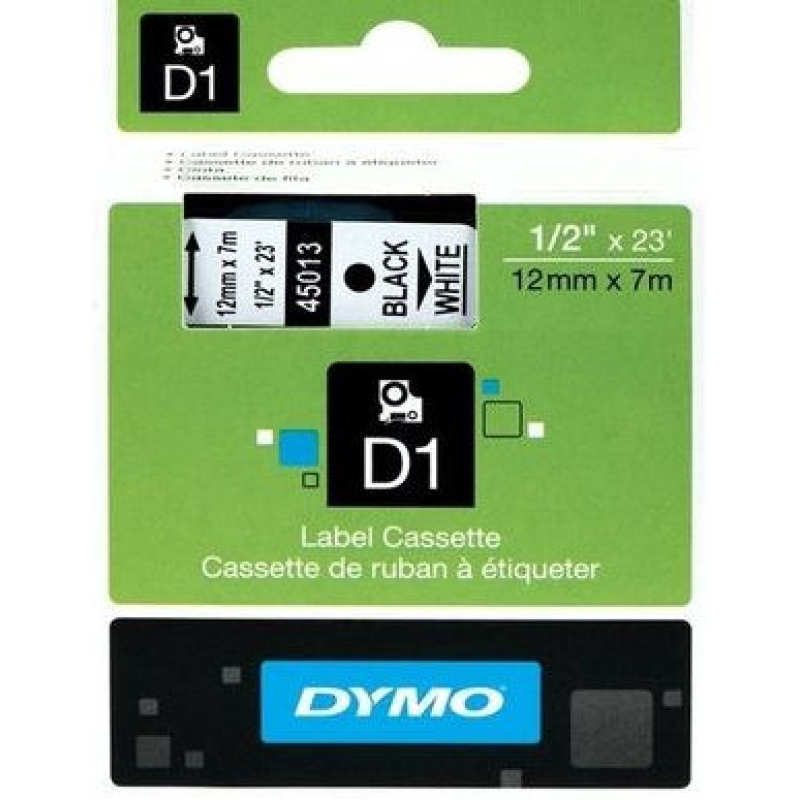Lettertape Dymo D1 12 mm zwart-wit (930218)