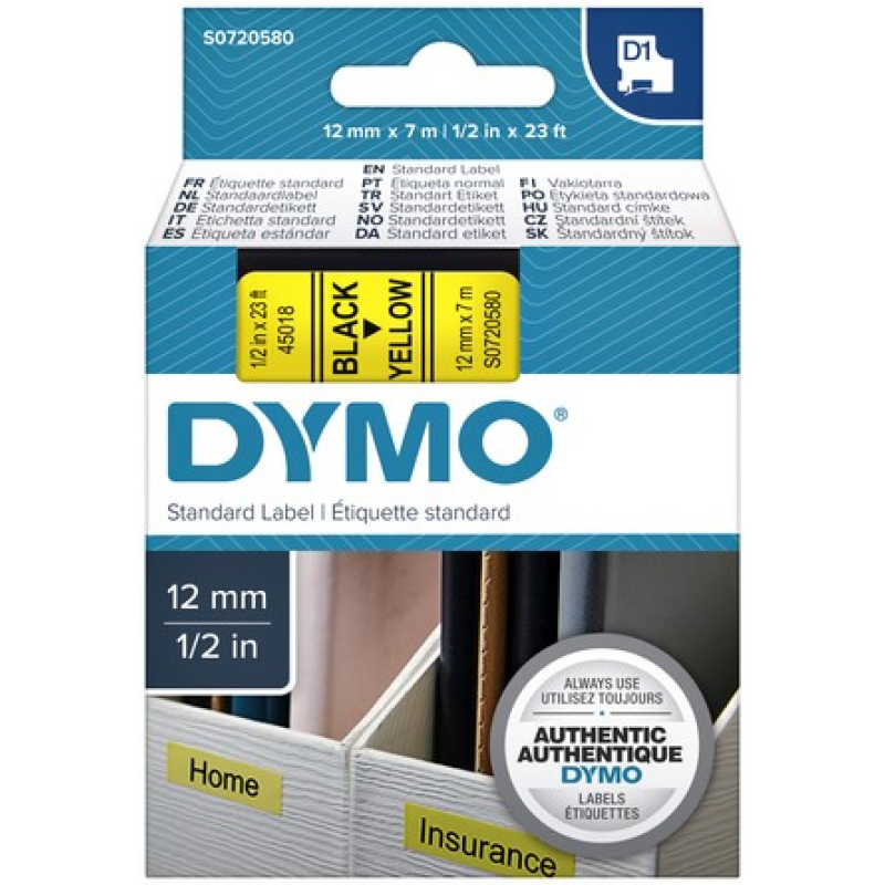 Letterttape Dymo 45018 zwart op geel 12 mm (930223)