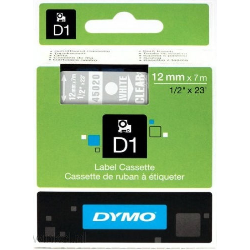 Lettertape Dymo D1 12 mm zwart-transparant plastic (931191)